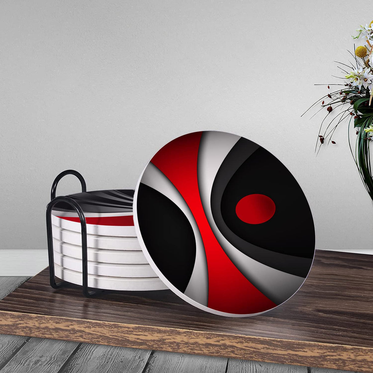 Set of 6 Red Black Geometric Absorbent Ceramic Coasters with Cork Base and Metal Holder O671904