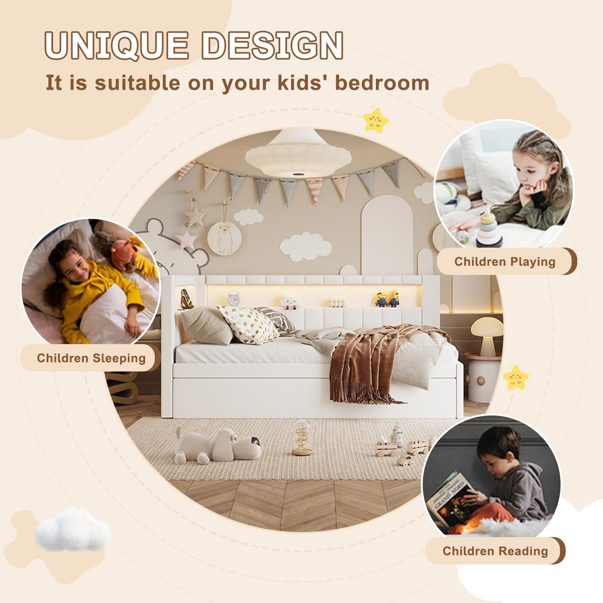 White Twin Size Upholstered Daybed with Trundle and USB Ports C4176
