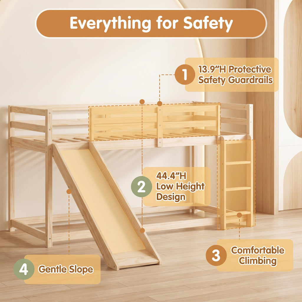 Twin Over Twin Solid Wood Bunk Bed with Slide and Ladder V510610