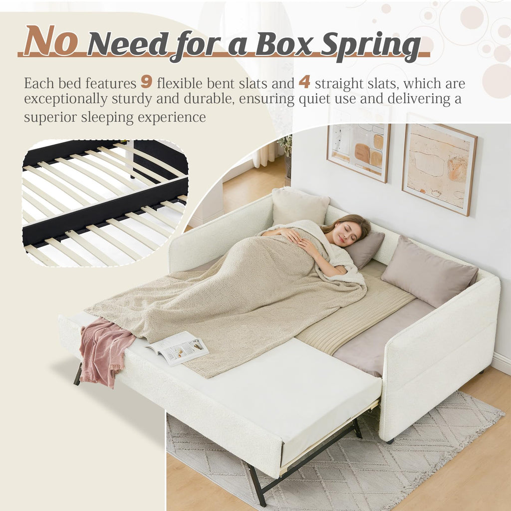 Twin Size Beige Boucle Upholstered Daybed with Trundle C6139