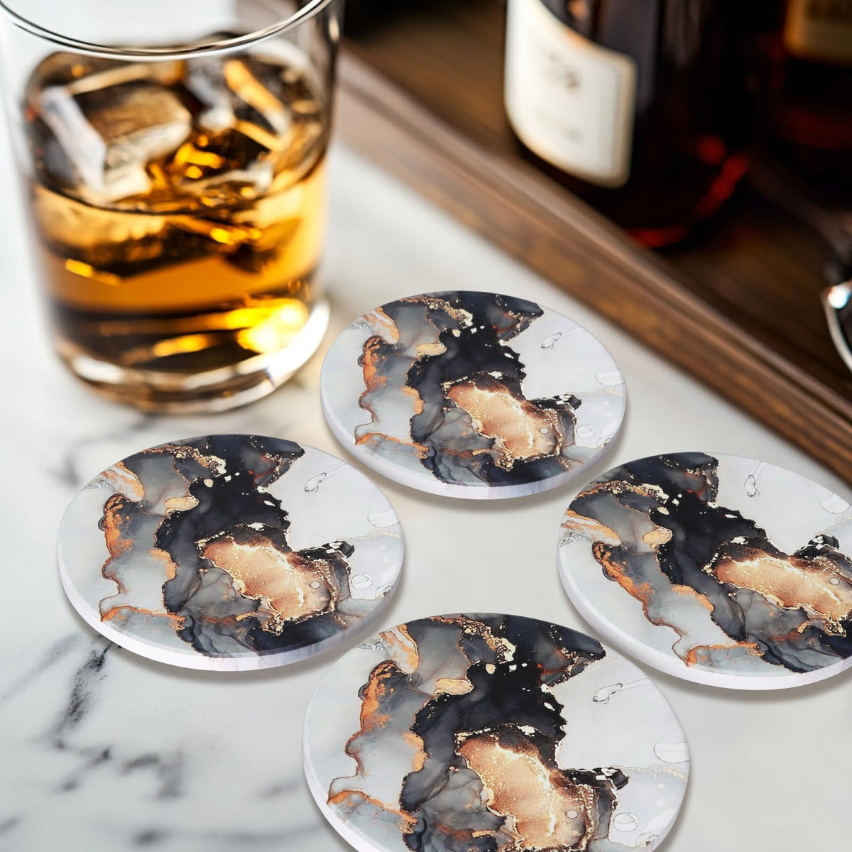 Black Marble Abstract Ceramic Coasters with Holder P329