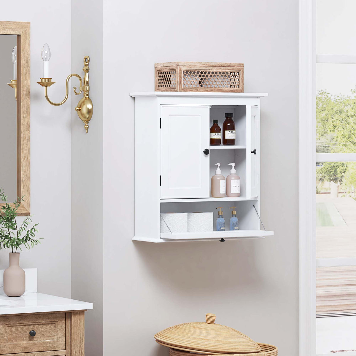 White Bathroom Wall Cabinet with Doors R4933