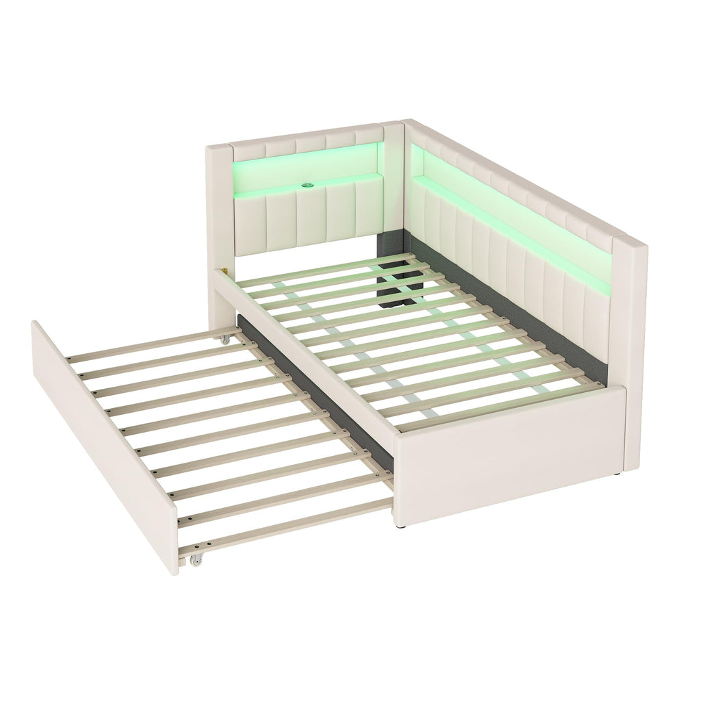 White Twin Size Upholstered Daybed with Trundle and USB Ports C4176