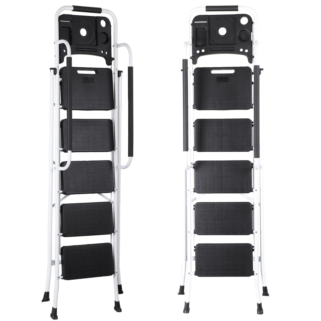 5 Step White Foldable Steel Step Stool with Handrail S15194