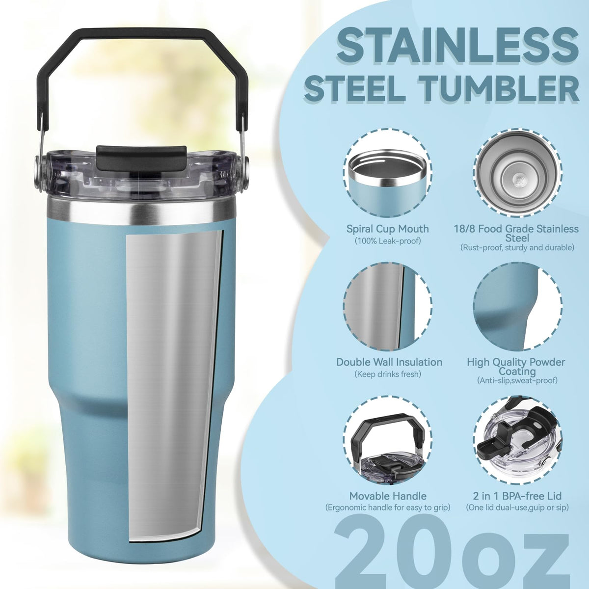 20oz Stainless Steel Insulated Tumbler with Handle and Flip Straw Lid I331117