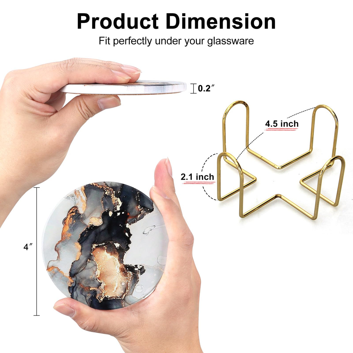 Black Marble Abstract Ceramic Coasters with Holder P329