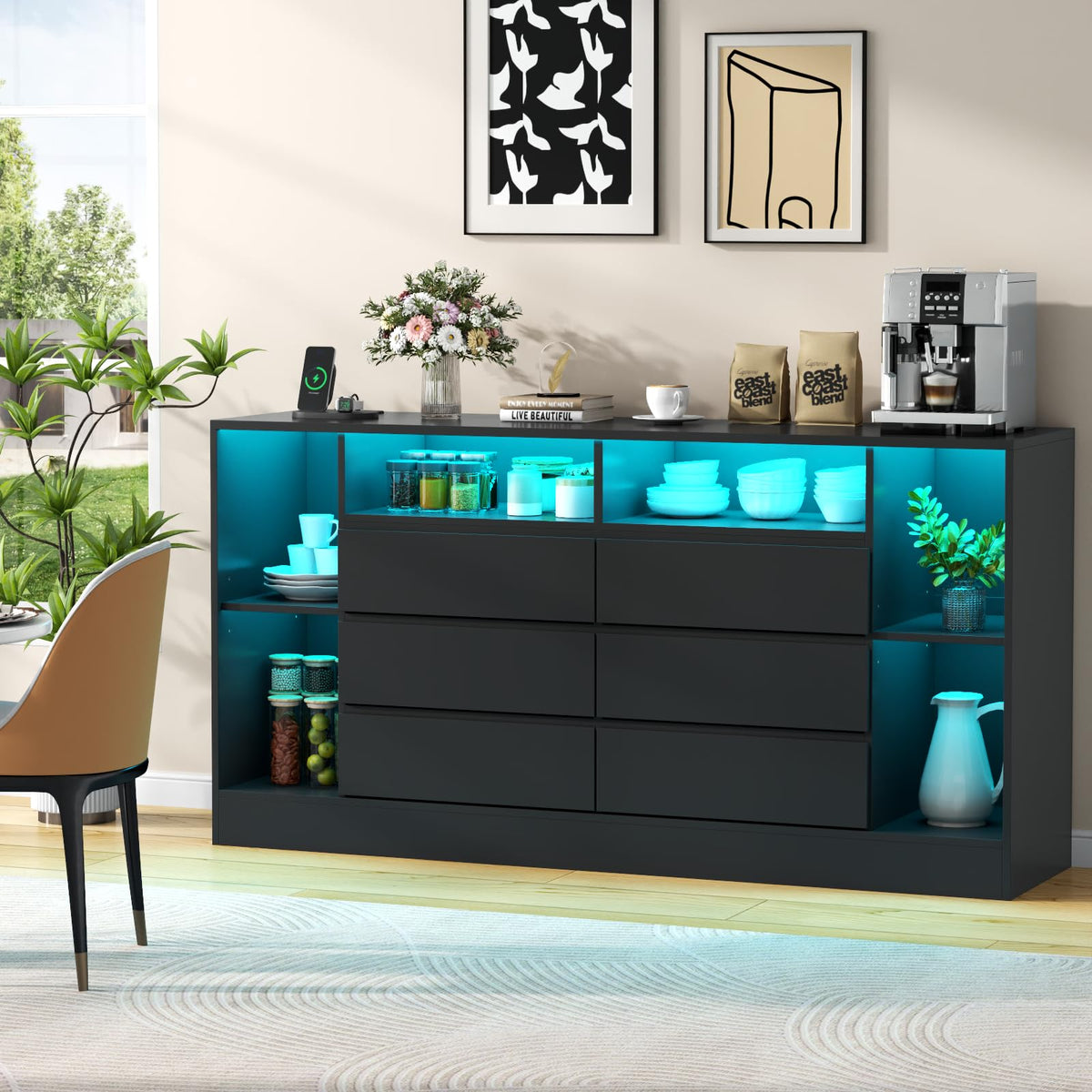 Black 6 Drawer Dresser with Open Storage Cubbies V362