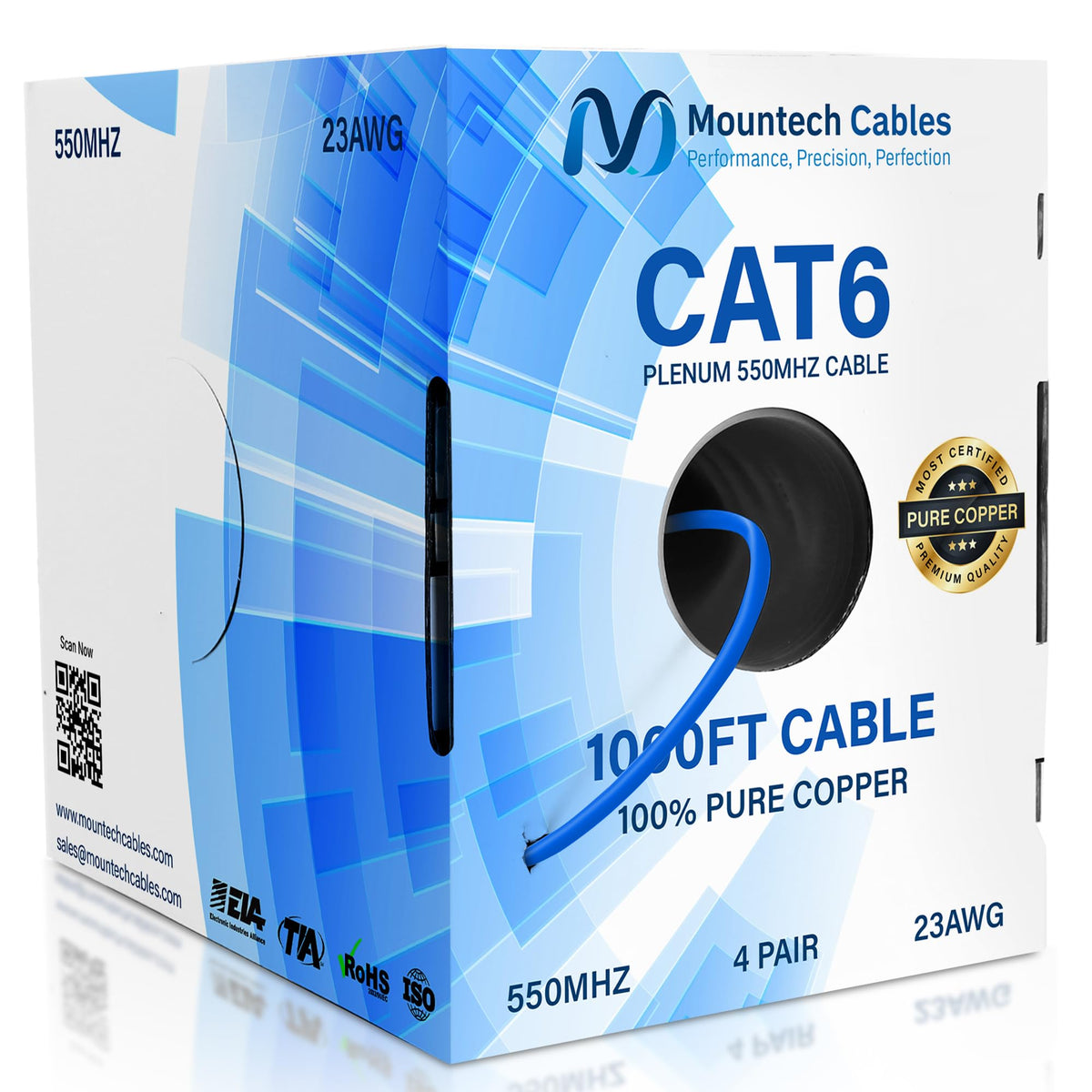 Cat6 Plenum 1000ft Pure Copper Ethernet Cable Blue L94824