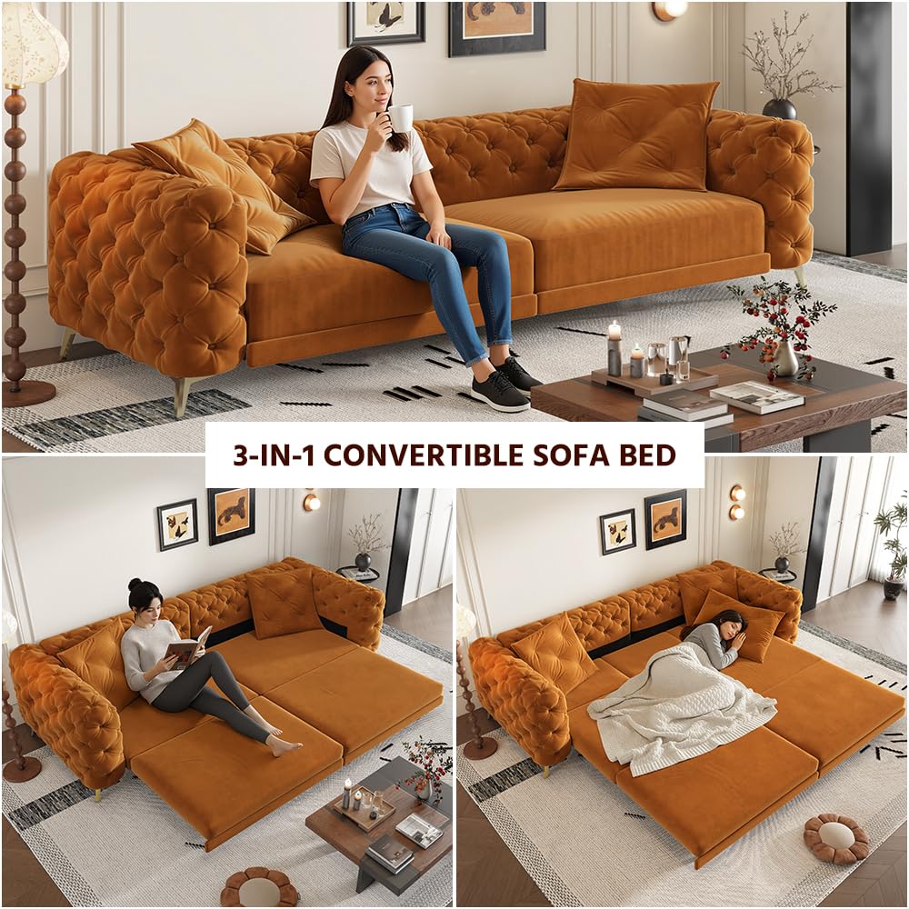 Orange Velvet Convertible Sleeper Sofa with Ottoman L640588