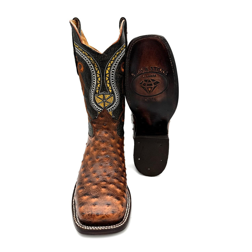Leather Ostrich Quill Print Square Toe Western Cowboy Boot V5039