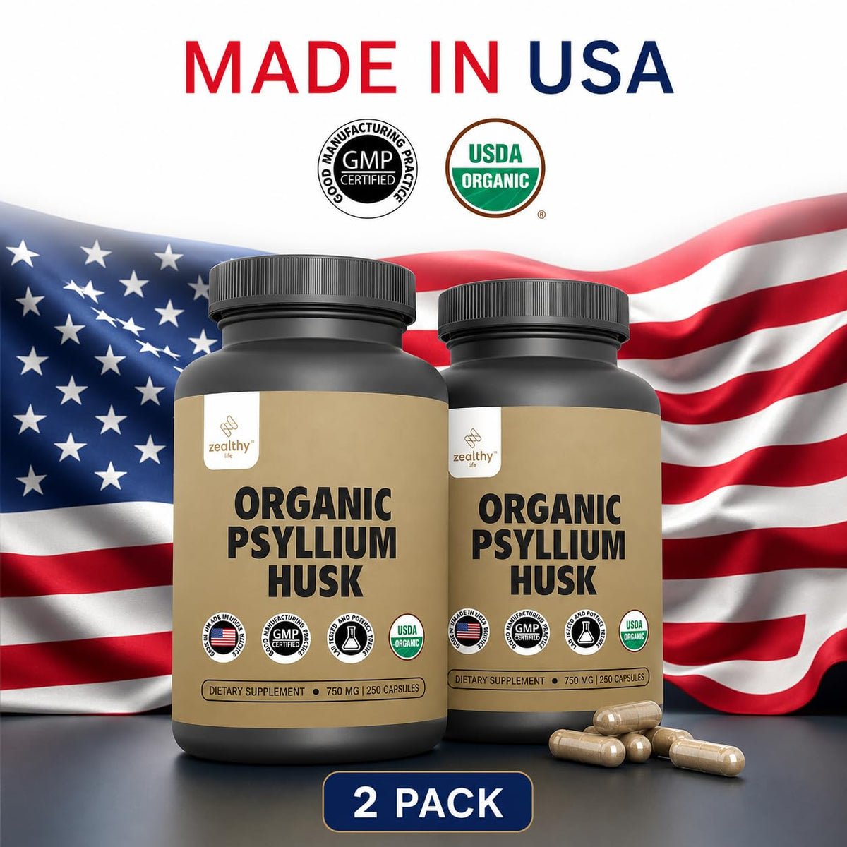 Organic Psyllium Husk Capsules 750 mg Fiber Supplement 250 Capsules Pack of 2 N669033