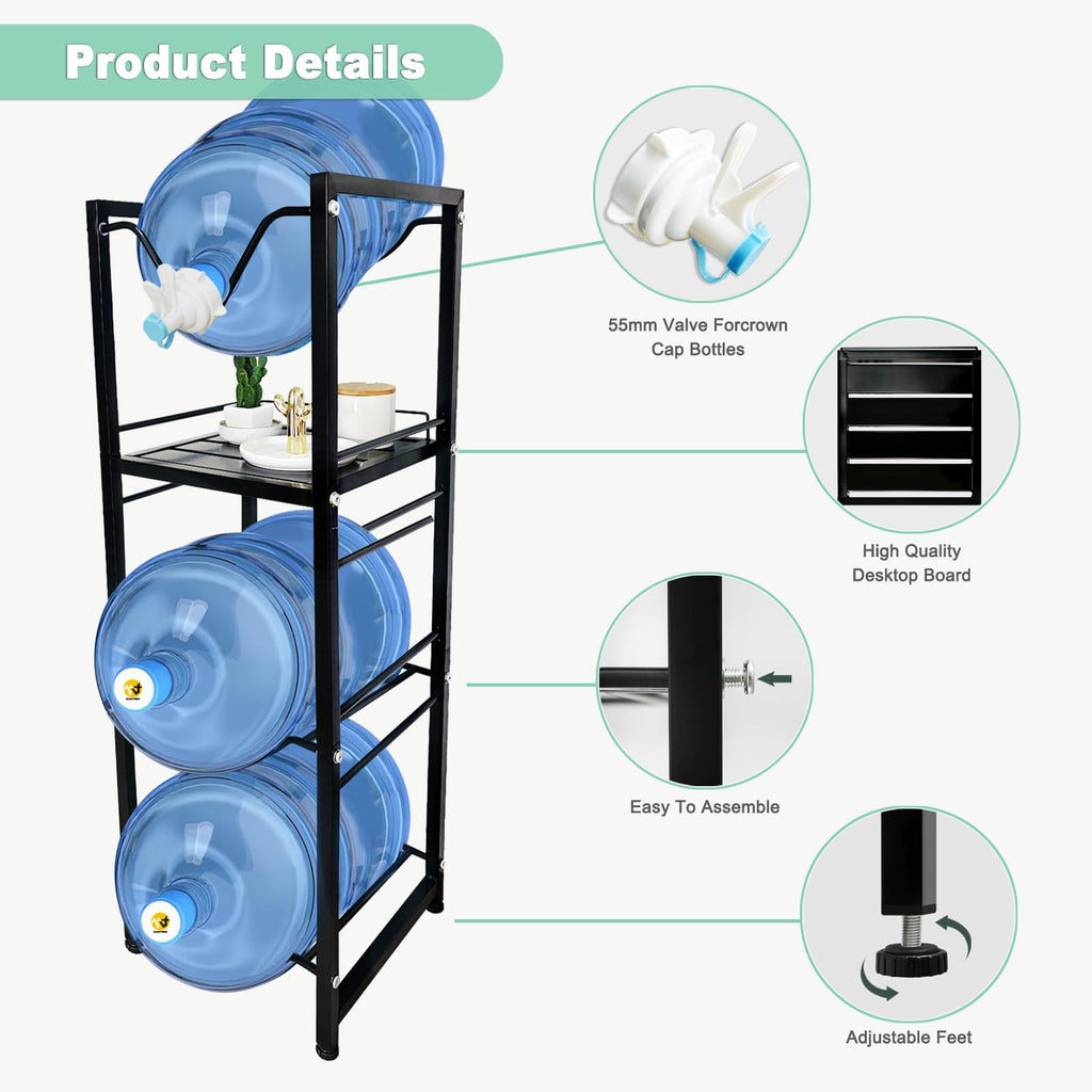 5 Gallon Water Jug Holder with 3-Tier Storage Shelves Black G2712