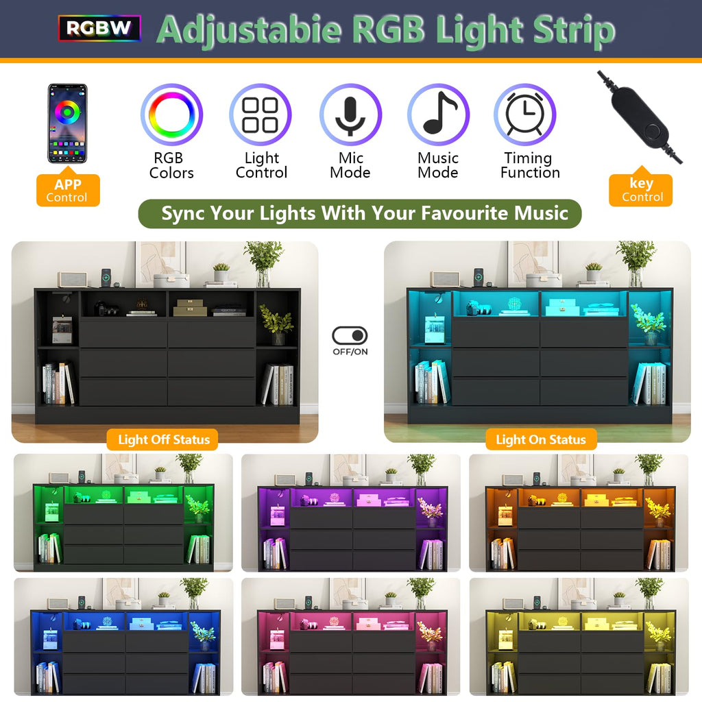 Black 6 Drawer Dresser with Open Storage Cubbies V362