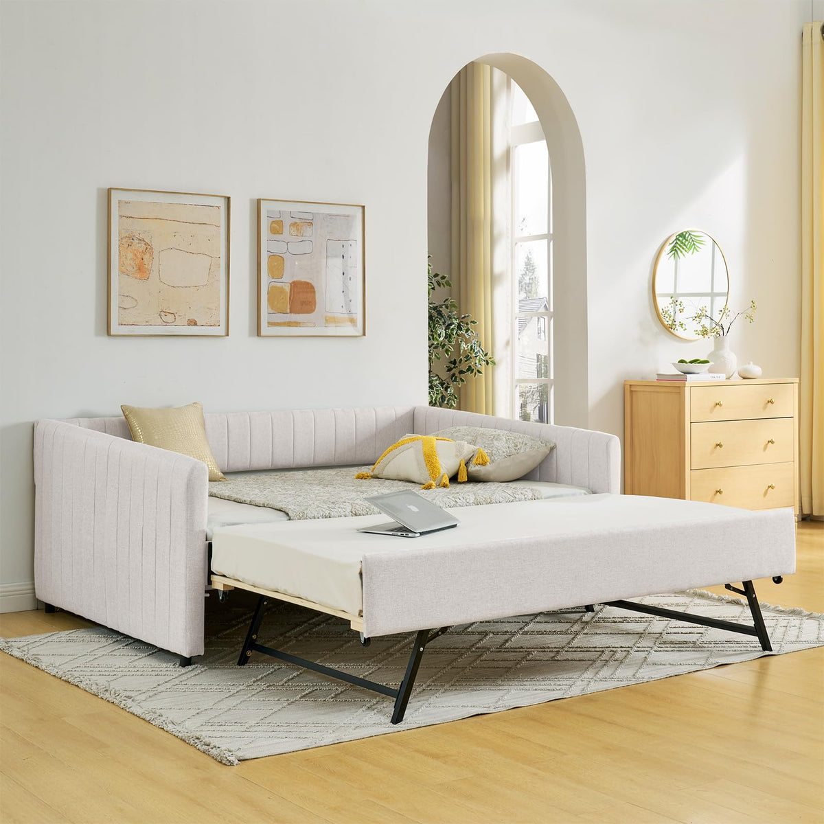 Linen Fabric Upholstered Full Size Daybed with Twin Trundle U252923