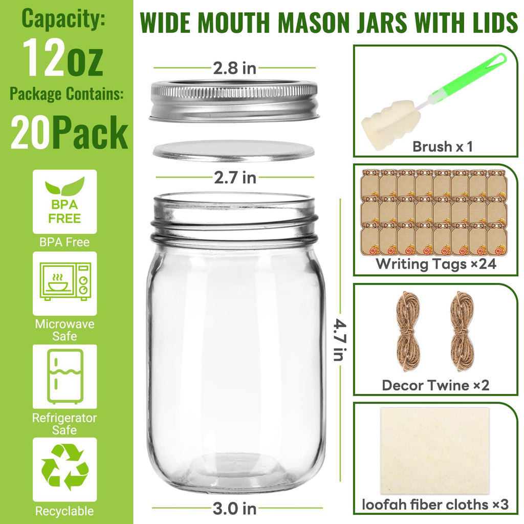 12 oz Mason Jars with Lids 20 Pack V780