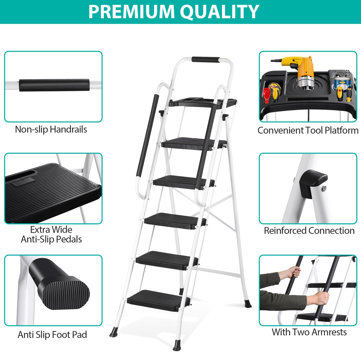 5 Step White Foldable Steel Step Stool with Handrail S15194