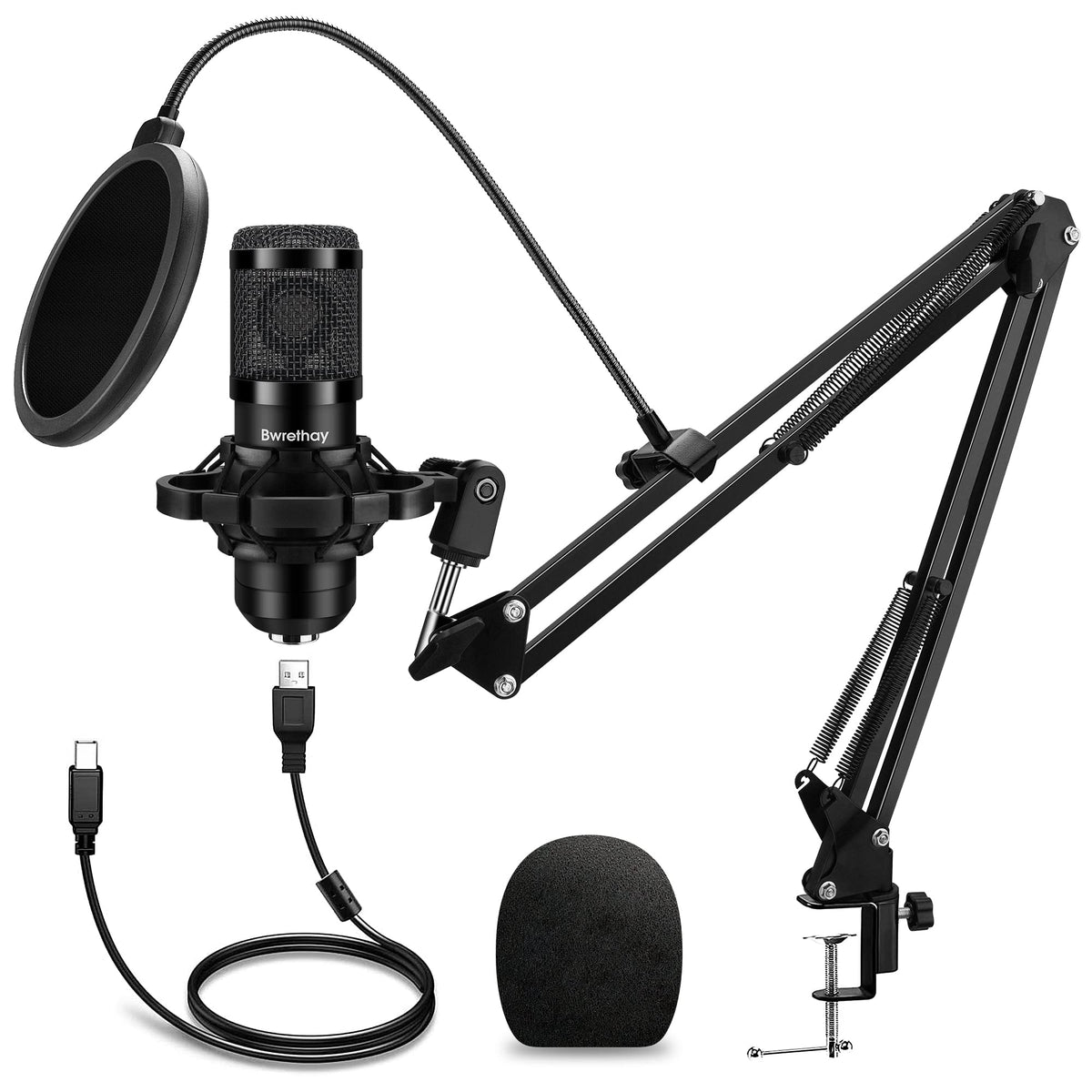USB Condenser Cardioid Microphone with Boom Arm Stand and Shock Mount, Black D574