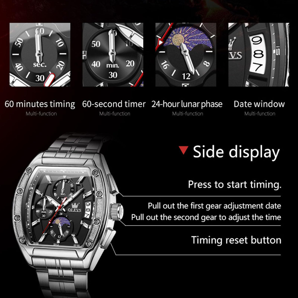 Men Big Square Face Chronograph Stainless Steel Dress Watch A455714