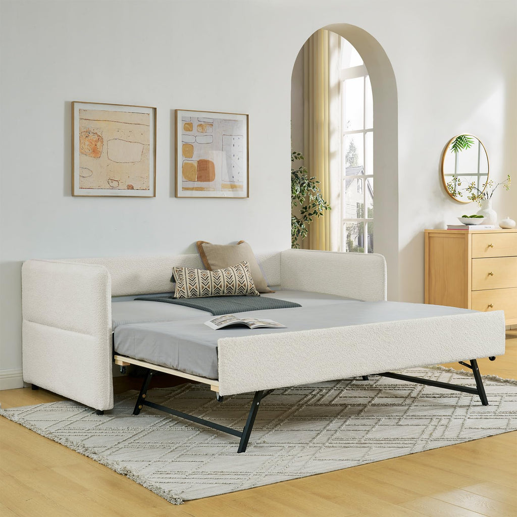 Twin Size Beige Boucle Upholstered Daybed with Trundle C6139
