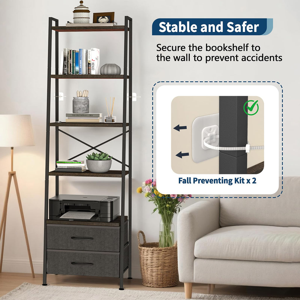 5-Tier Ladder Bookshelf with 2 Drawers Black P42317