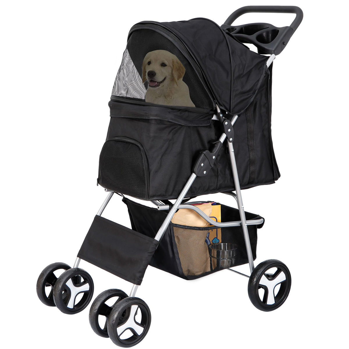 4 Wheels Foldable Pet Stroller with Storage Basket and Cup Holder L523104