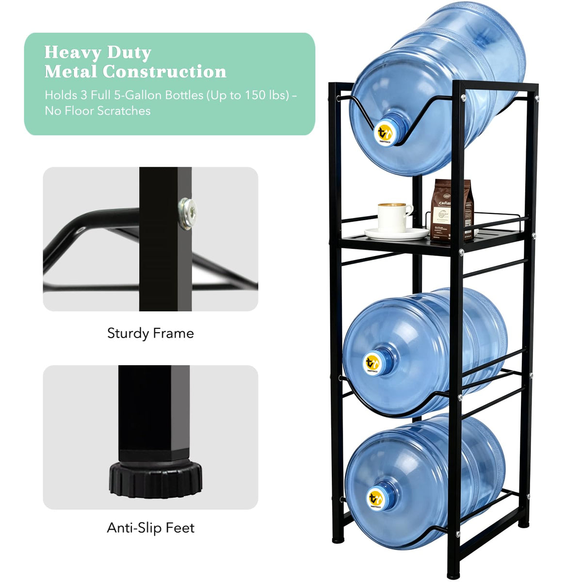 5 Gallon Water Jug Holder with 3-Tier Storage Shelves Black G2712