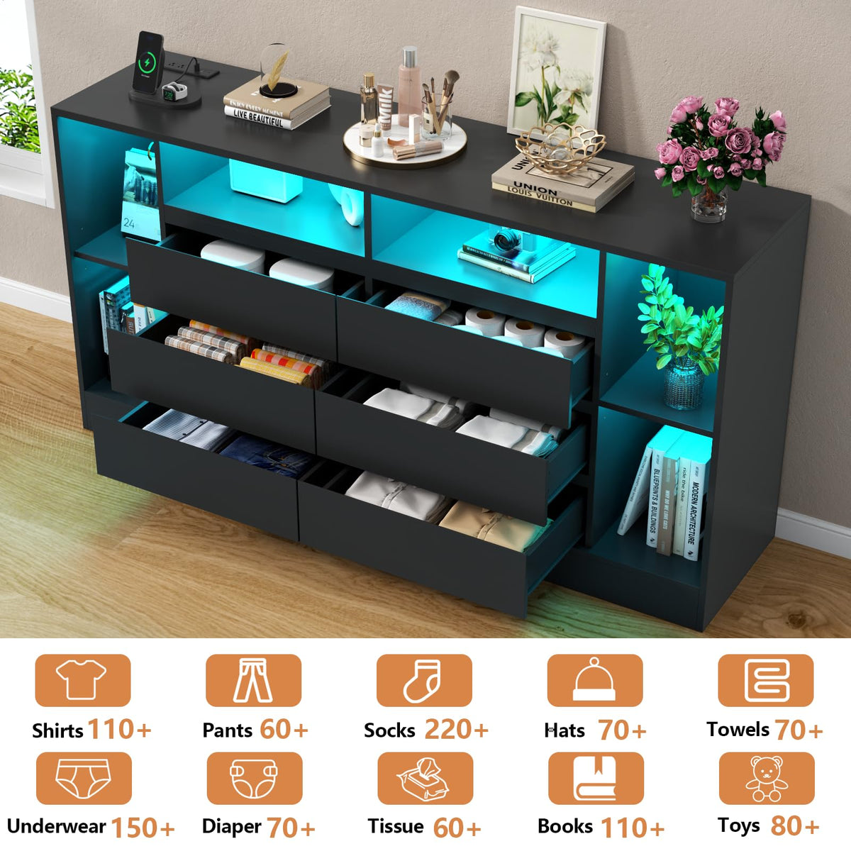 Black 6 Drawer Dresser with Open Storage Cubbies V362
