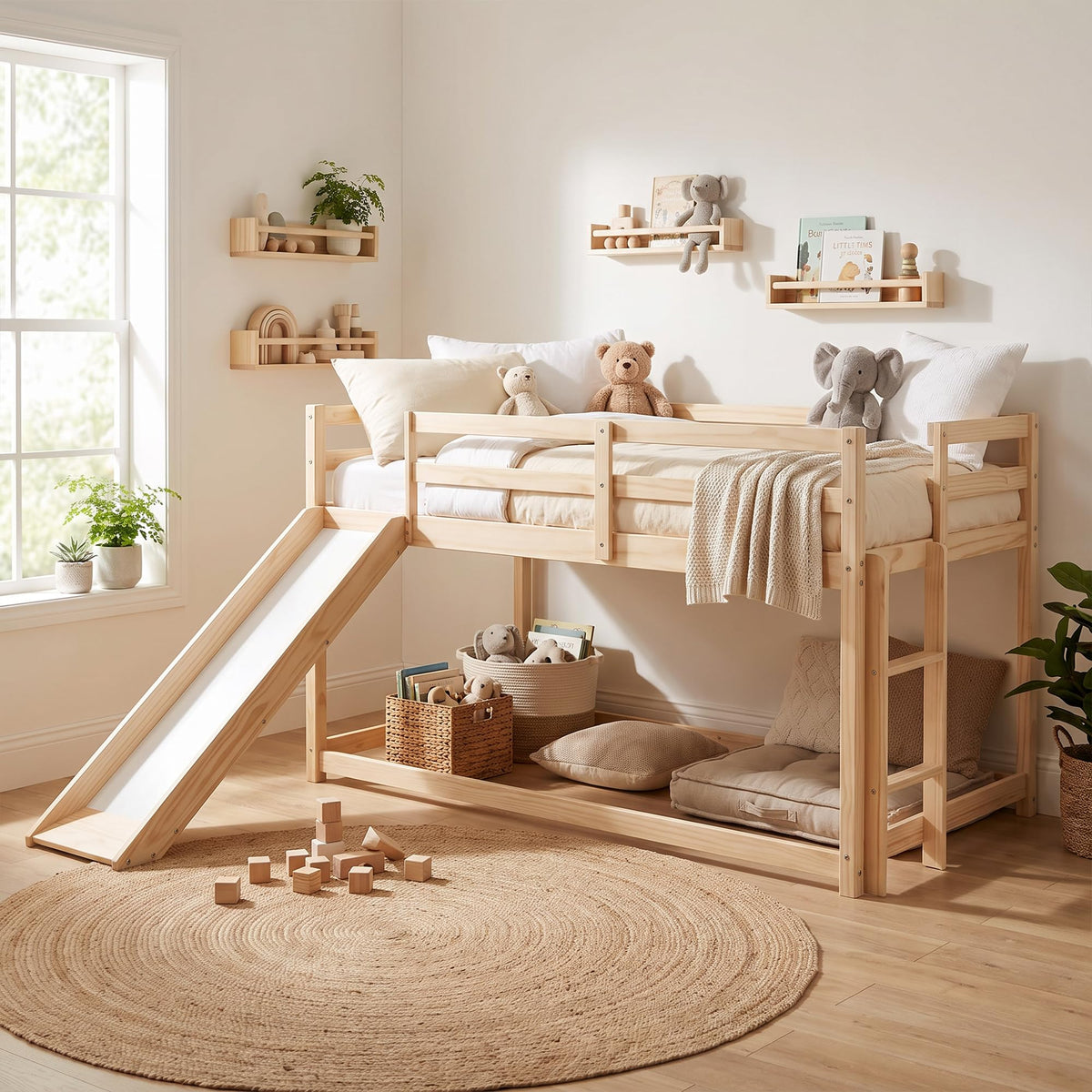 Twin Over Twin Solid Wood Bunk Bed with Slide and Ladder V510610