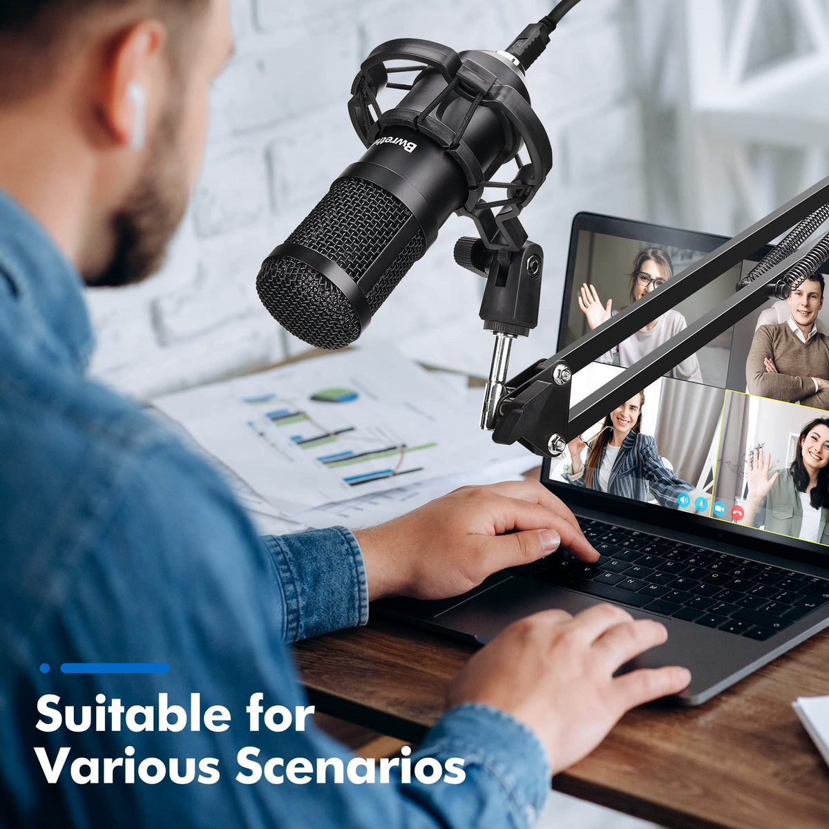 USB Condenser Cardioid Microphone with Boom Arm Stand and Shock Mount, Black D574