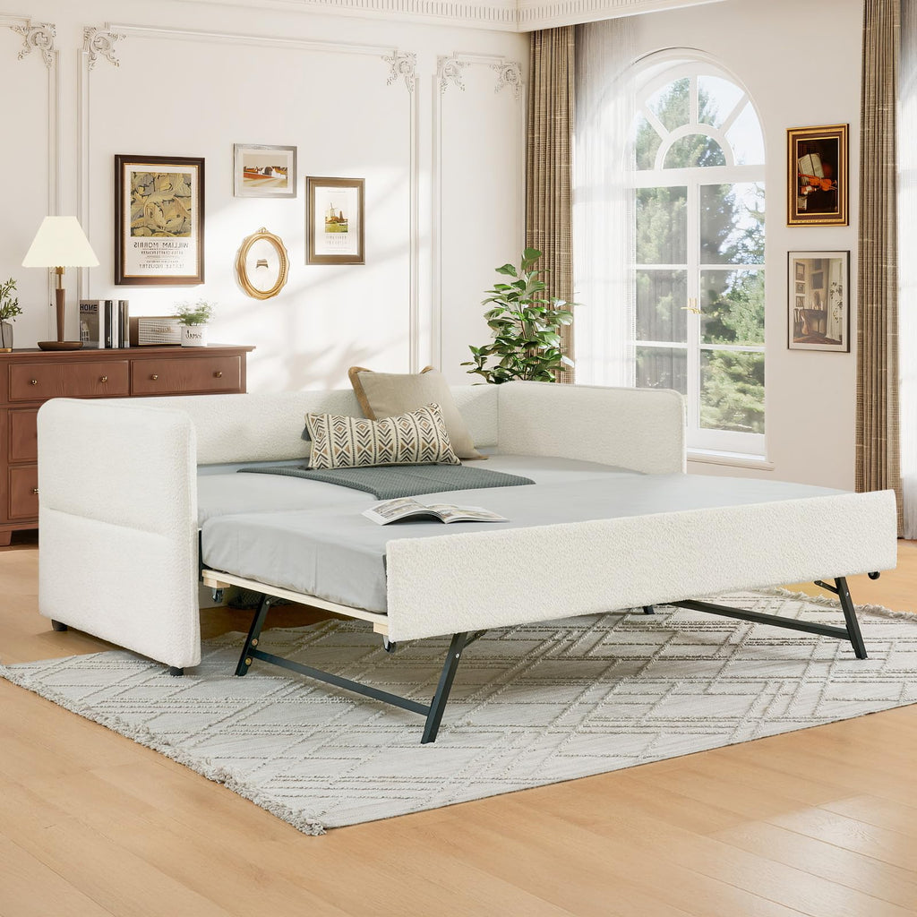 Twin Size Beige Boucle Upholstered Daybed with Trundle C6139
