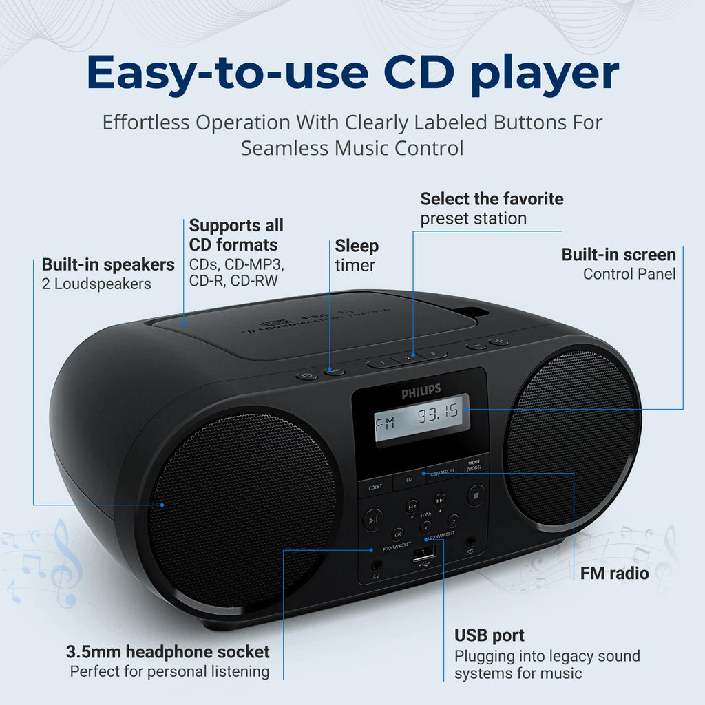 Portable CD Player Boombox with Bluetooth FM Radio USB Aux Input C7855