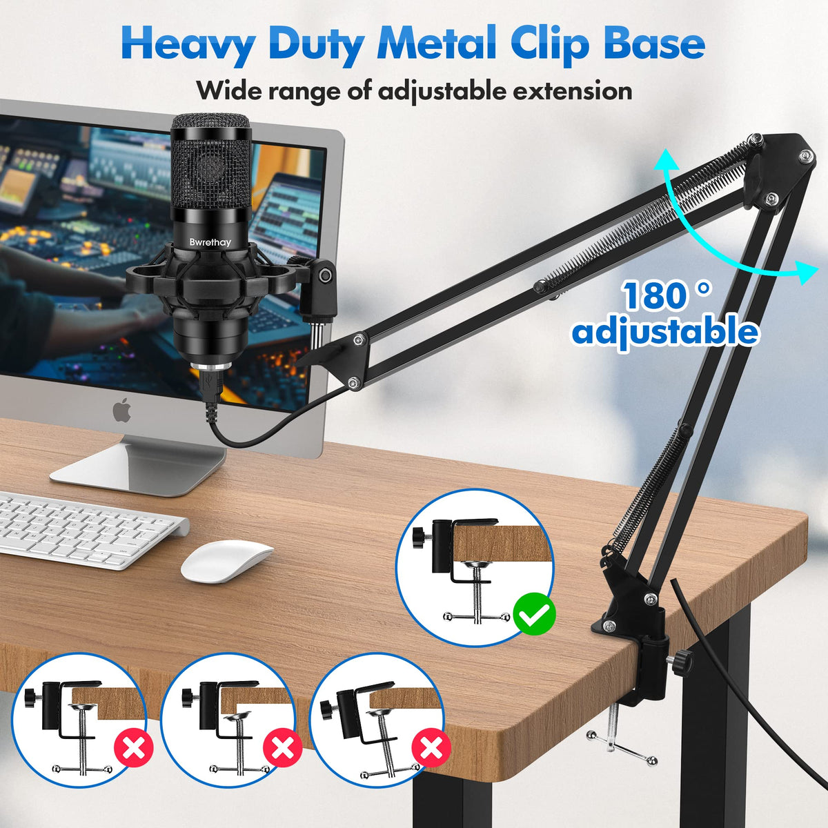 USB Condenser Cardioid Microphone with Boom Arm Stand and Shock Mount, Black D574