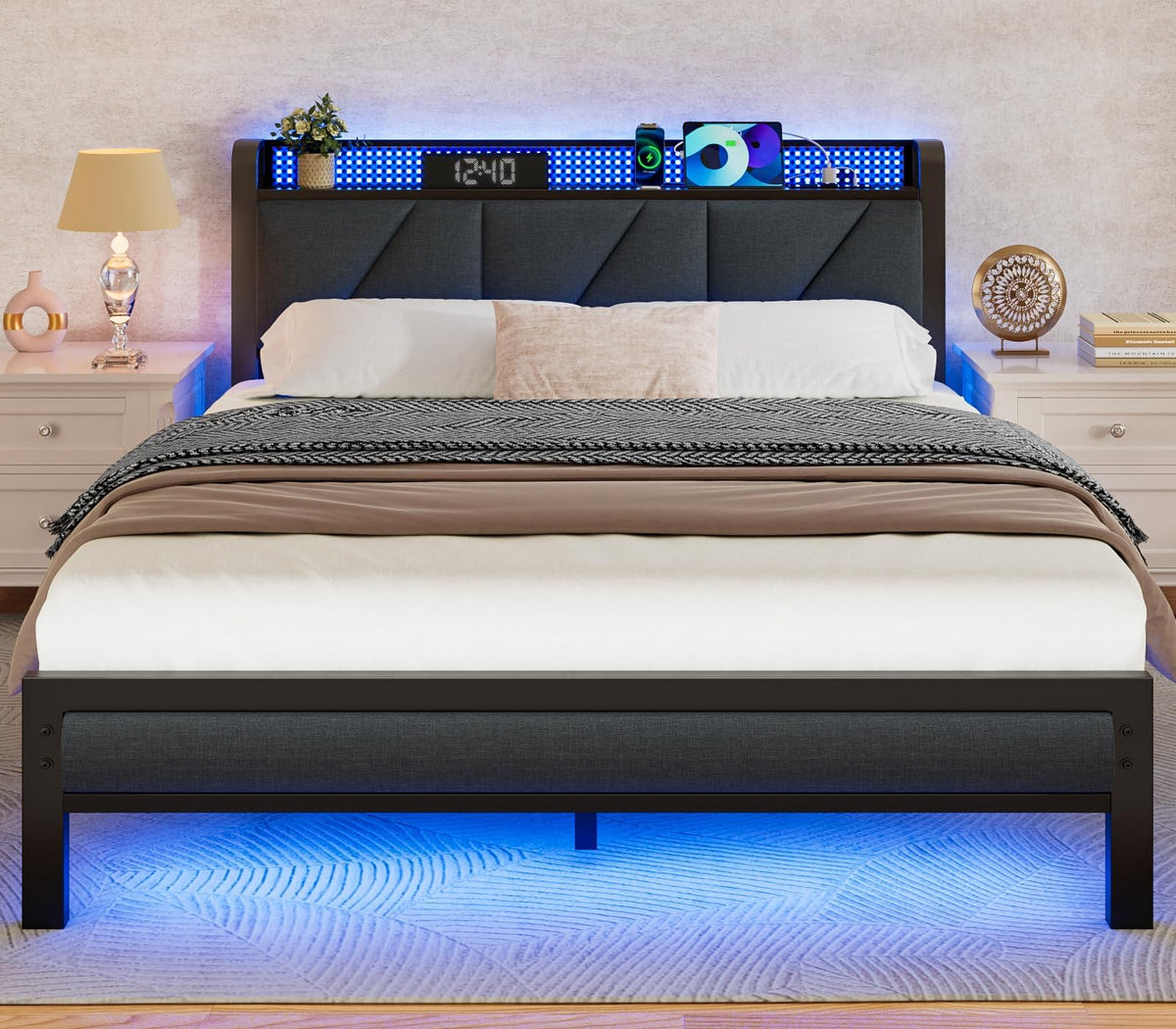 Full Size Bed Frame with Storage Shelf and Upholstered Headboard I94631