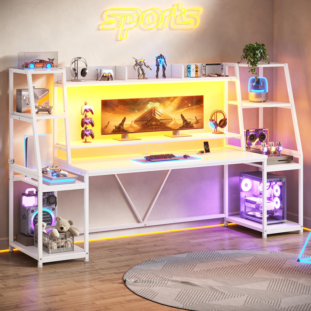 79'' White Gaming Desk with LED Lights and Storage Shelves D306