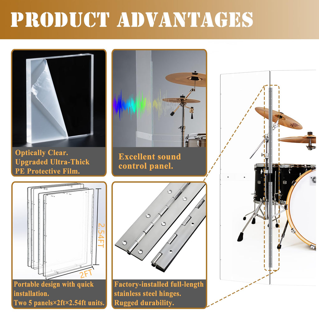 Portable 4 Panels 2ft x 5ft Acrylic Drum Shield U639