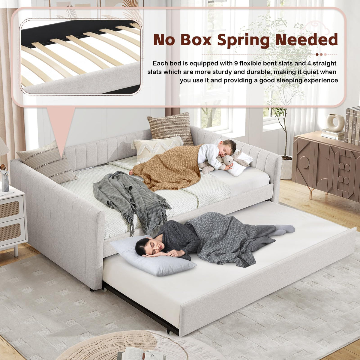 Linen Fabric Upholstered Full Size Daybed with Twin Trundle U252923