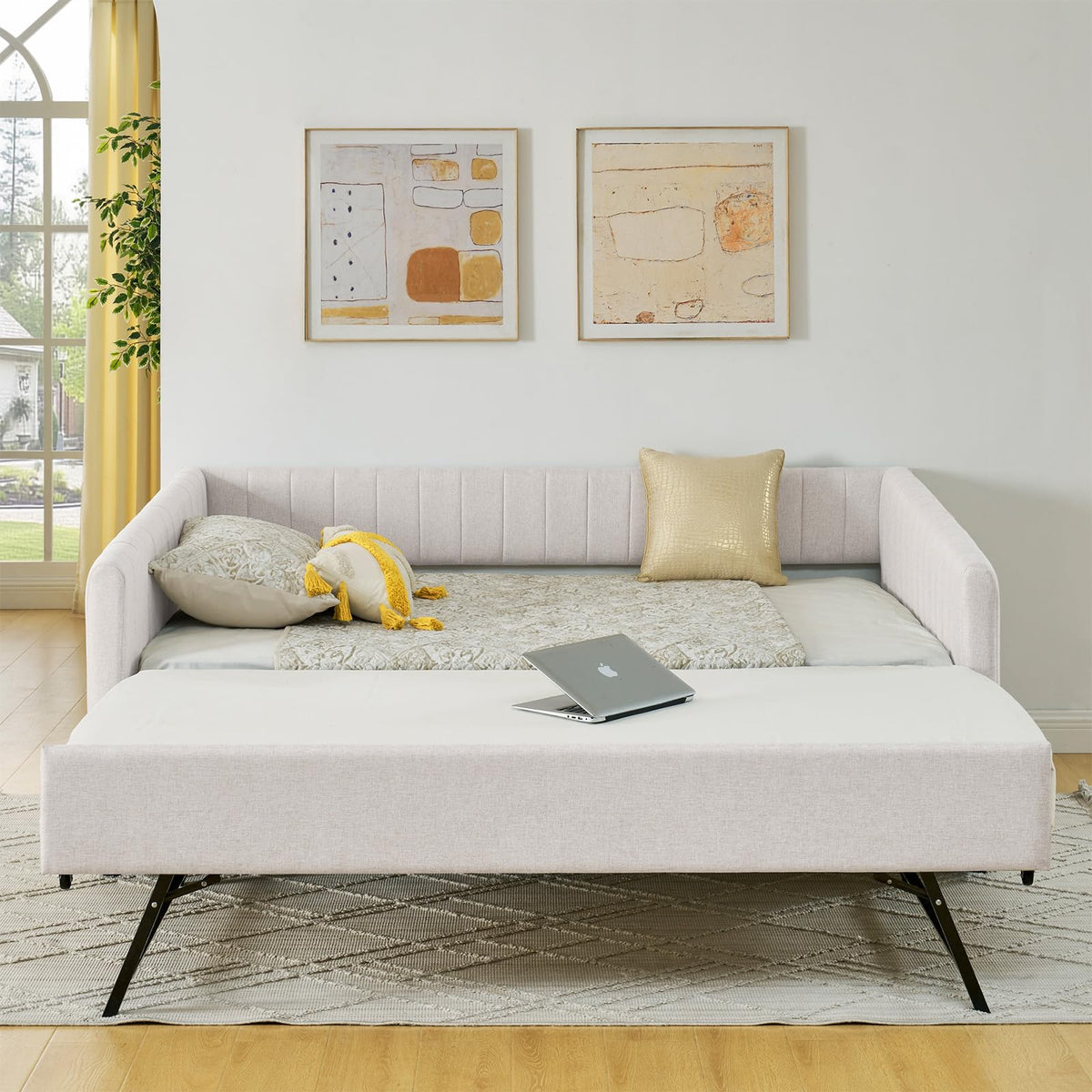 Linen Fabric Upholstered Full Size Daybed with Twin Trundle U252923