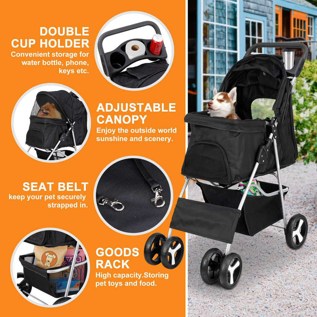 4 Wheels Foldable Pet Stroller with Storage Basket and Cup Holder L523104