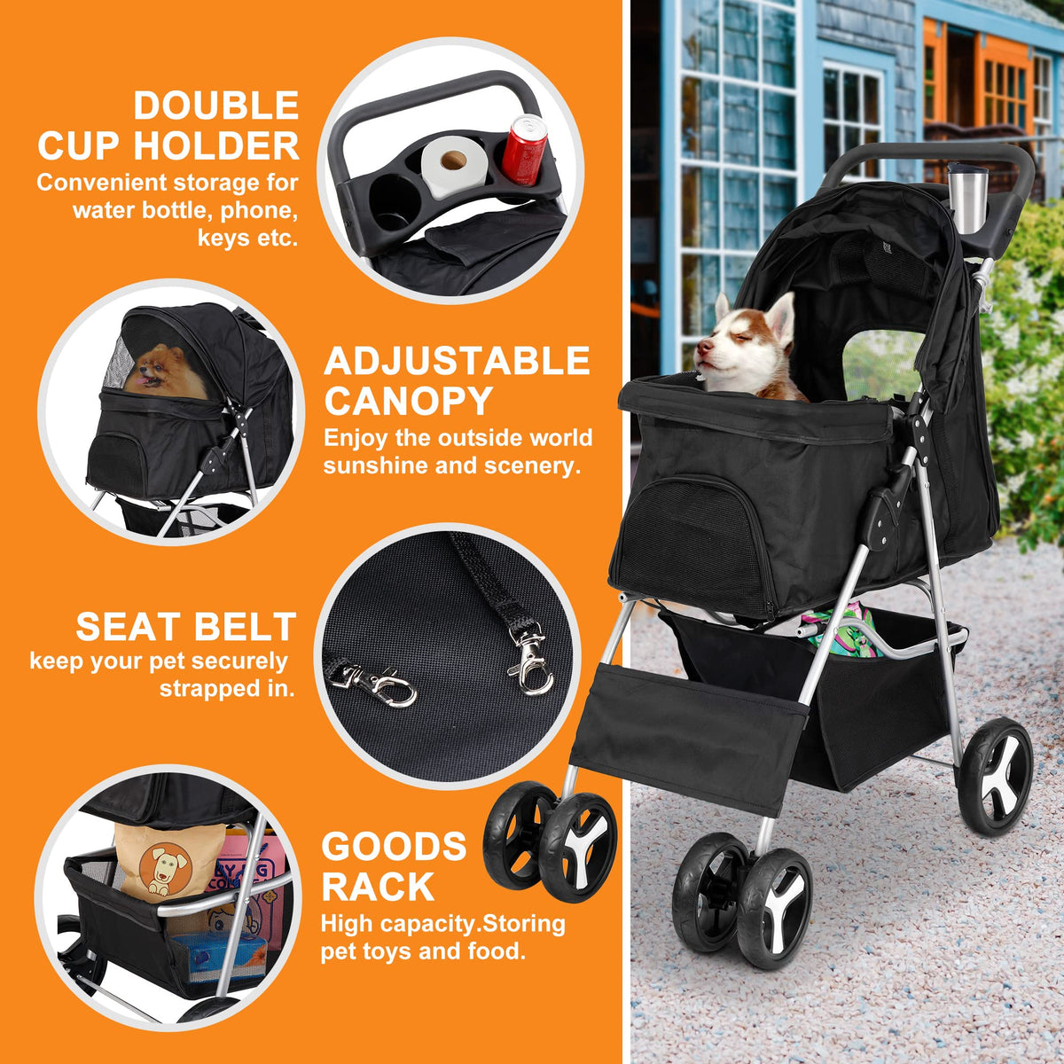 4 Wheels Foldable Pet Stroller with Storage Basket and Cup Holder L523104