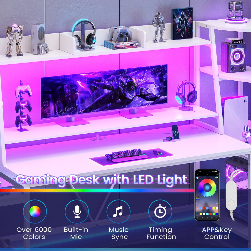 79'' White Gaming Desk with LED Lights and Storage Shelves D306