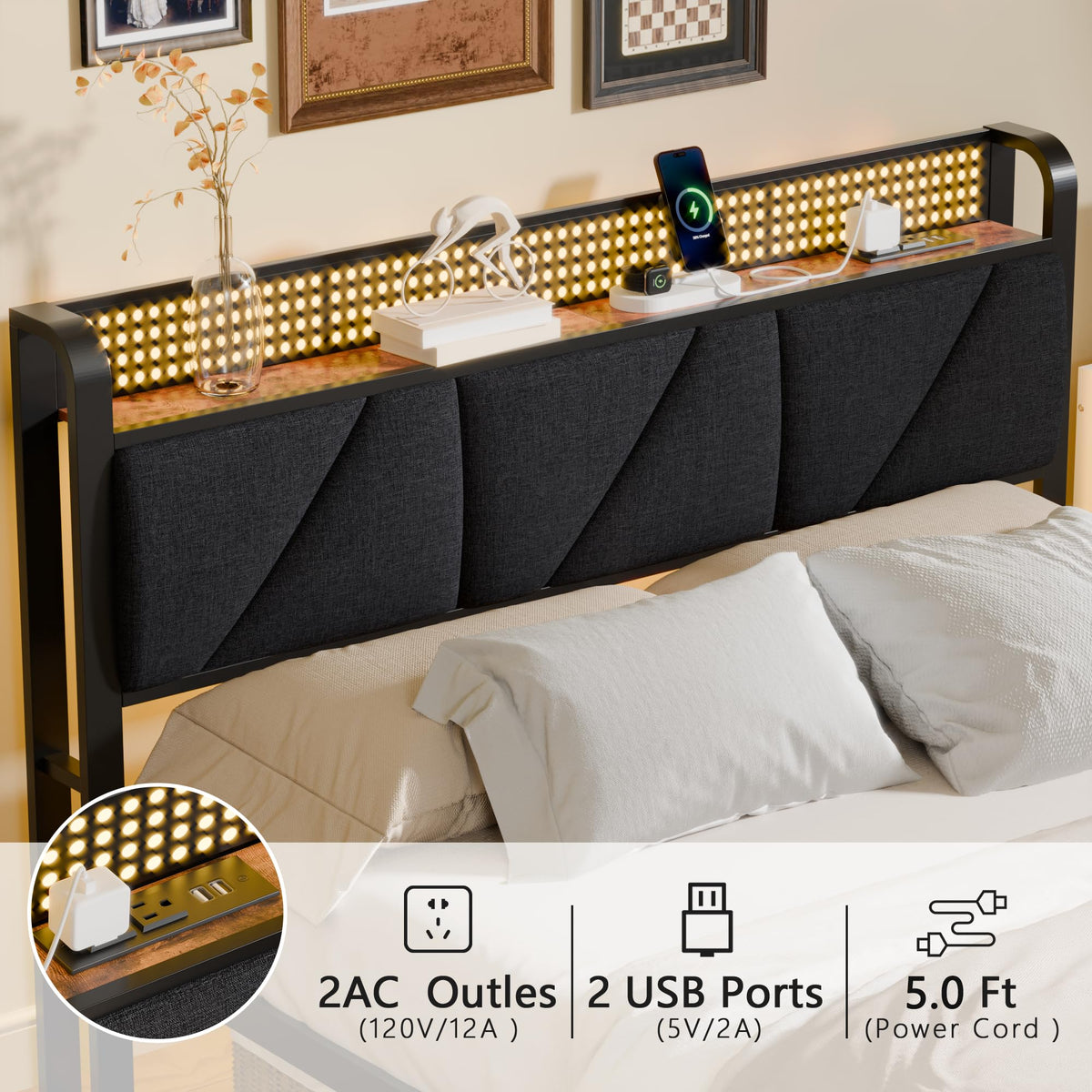 Full Size Bed Frame with Storage Shelf and Upholstered Headboard I94631