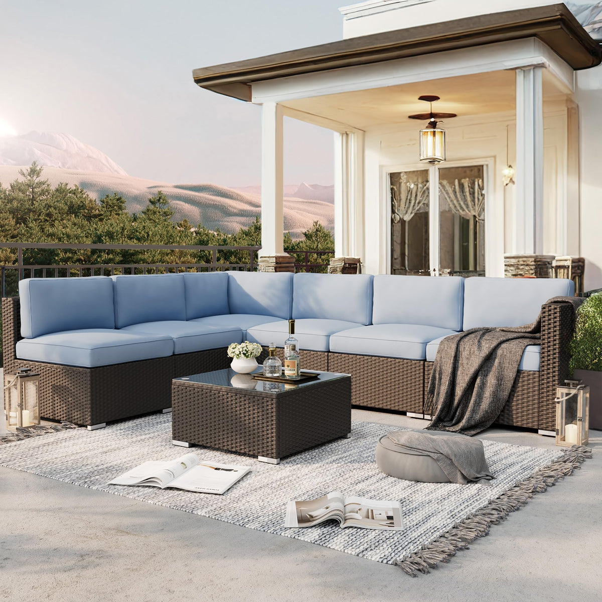 7-Piece All-Weather Wicker Patio Sofa Set with Glass Coffee Table Z6811