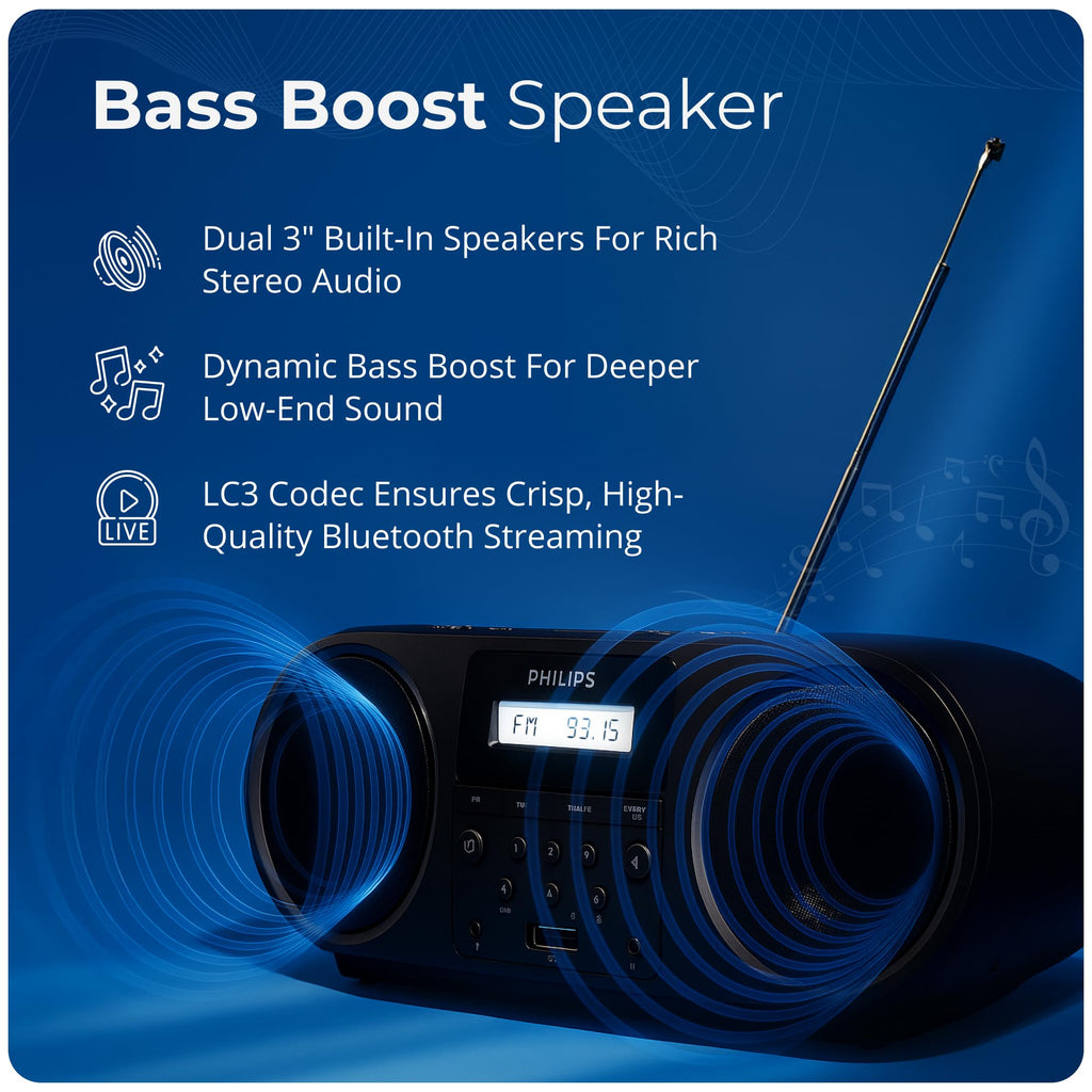 Portable CD Player Boombox with Bluetooth FM Radio USB Aux Input C7855