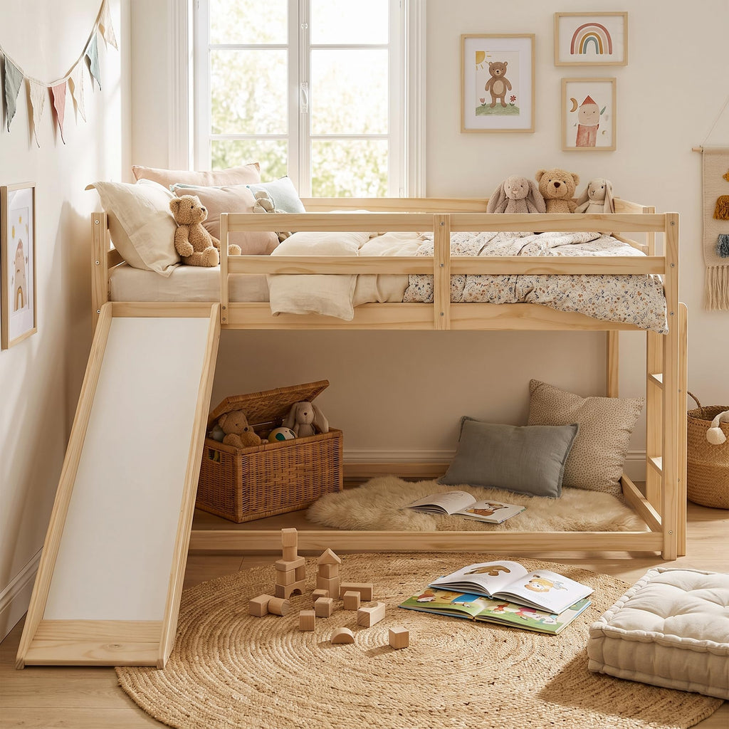 Twin Over Twin Solid Wood Bunk Bed with Slide and Ladder V510610