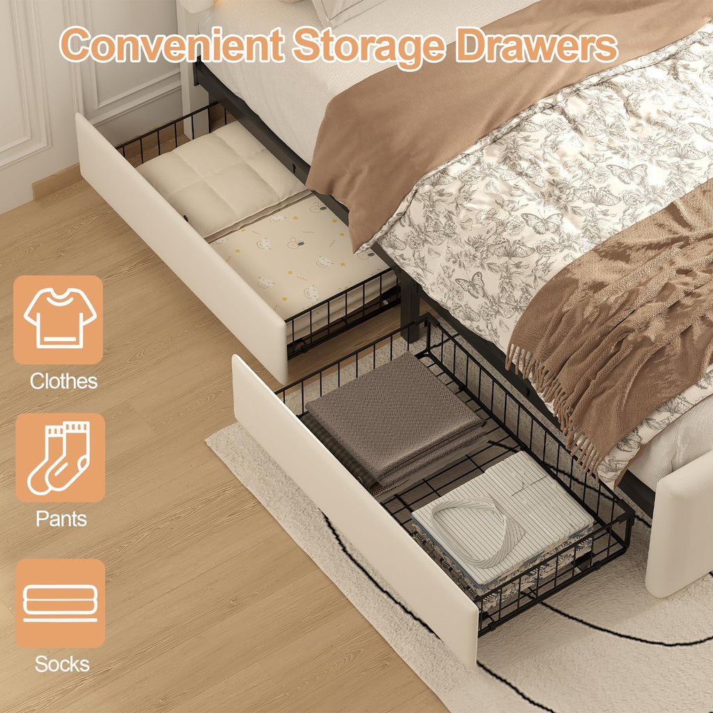 White Full Bed Frame with 4 Storage Drawers L842423