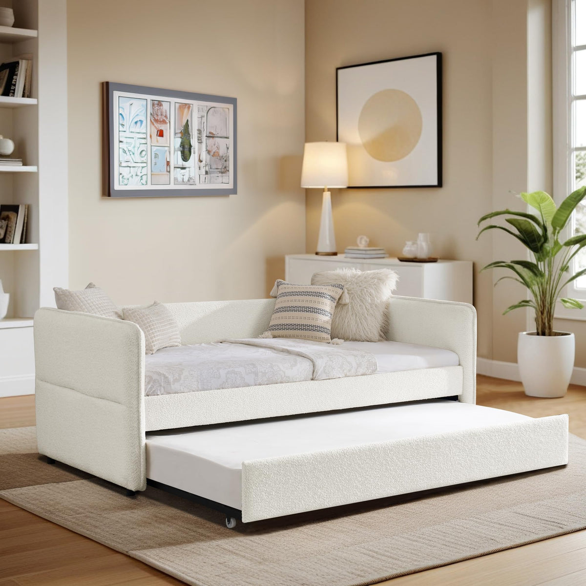 Twin Size Beige Boucle Upholstered Daybed with Trundle C6139