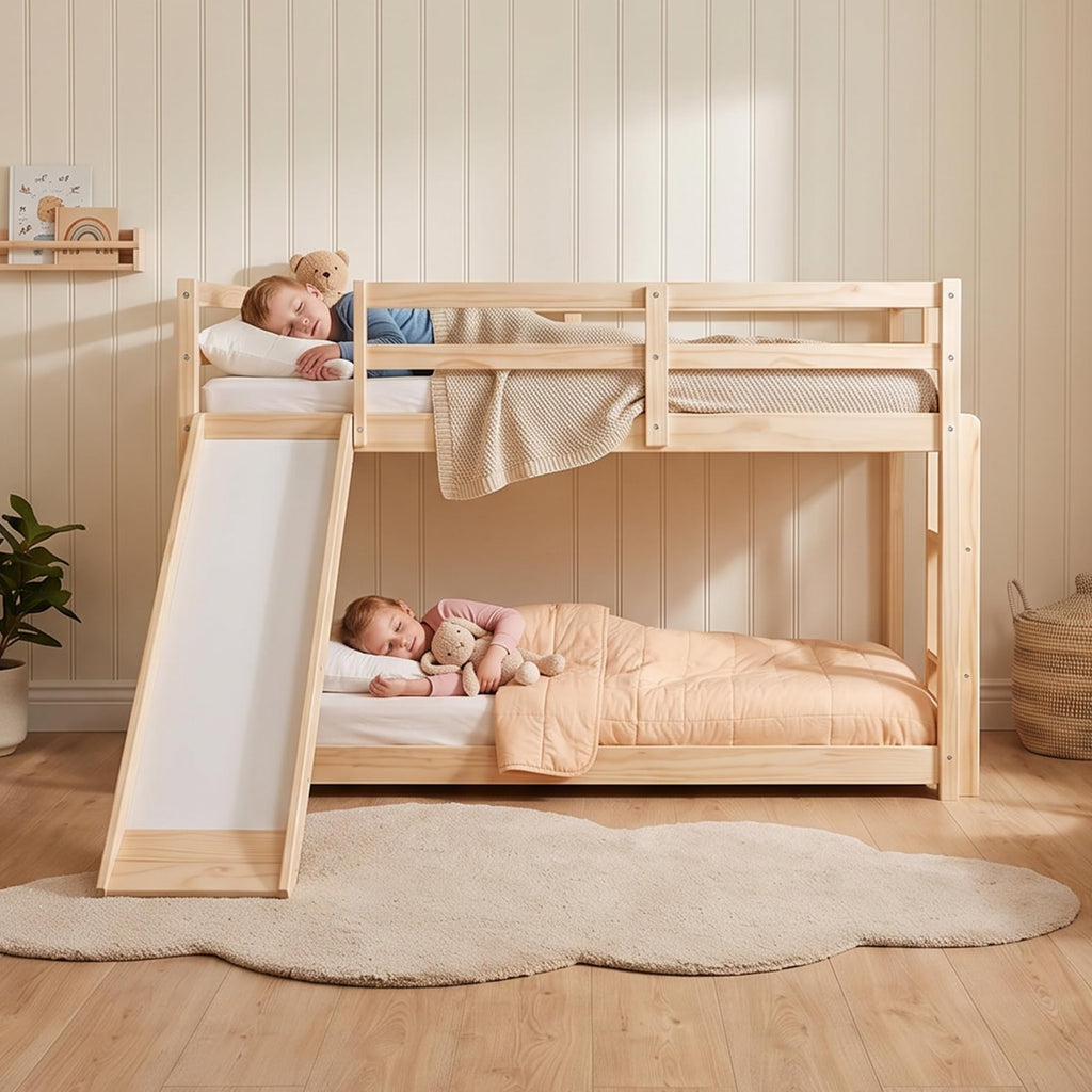 Twin Over Twin Solid Wood Bunk Bed with Slide and Ladder V510610