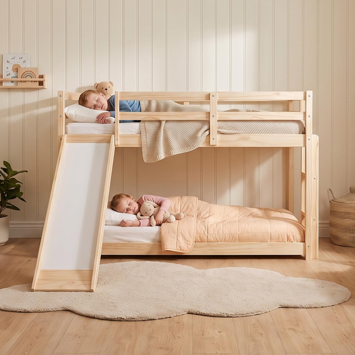 Twin Over Twin Solid Wood Bunk Bed with Slide and Ladder V510610