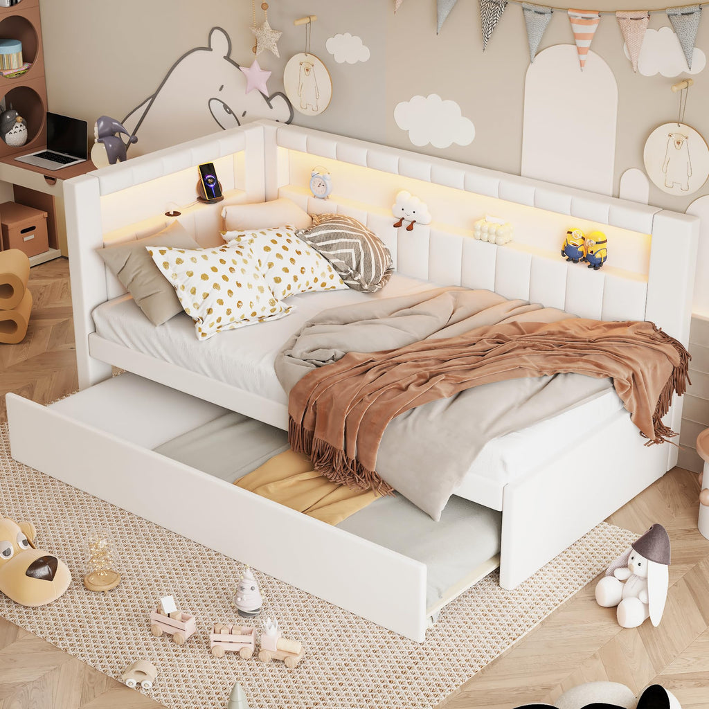 White Twin Size Upholstered Daybed with Trundle and USB Ports C4176