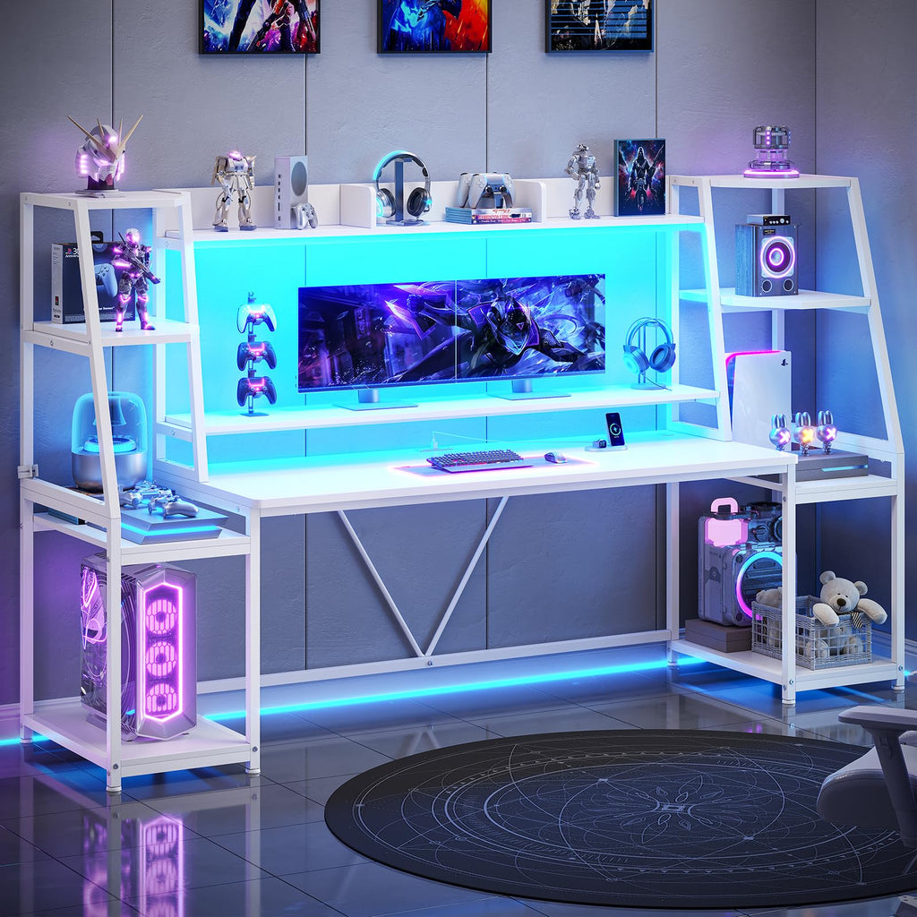 79'' White Gaming Desk with LED Lights and Storage Shelves D306
